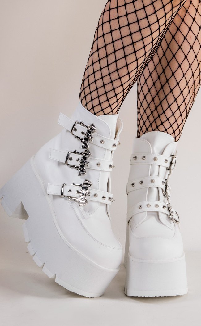 Demonia ASHES-55 White Buckled Platform Boots | Gothic Shoes Australia