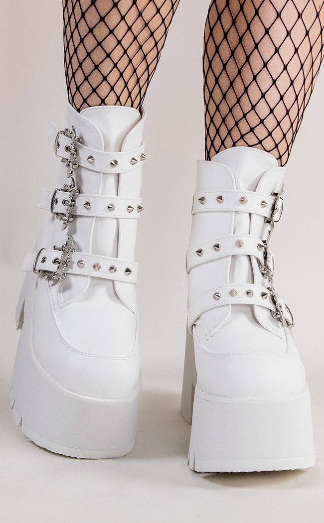 Demonia ASHES-55 White Buckled Platform Boots | Gothic Shoes Australia