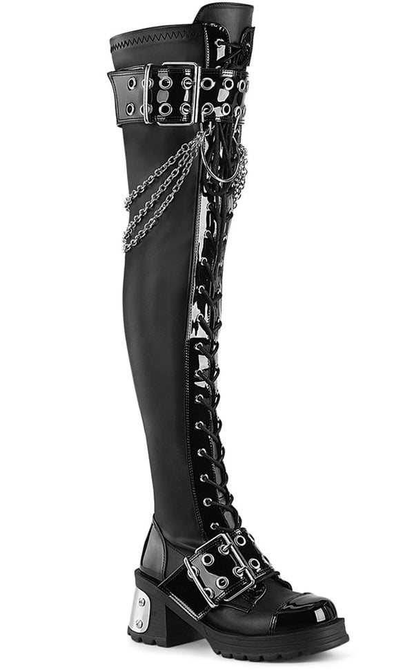 BRATTY-304 Black Stretch Thigh High Boots | Demonia Footwear Australia