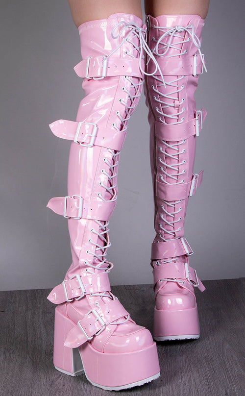 Demonia CAMEL-305 Baby Pink Thigh High Boots | Gothic Shoes Australia