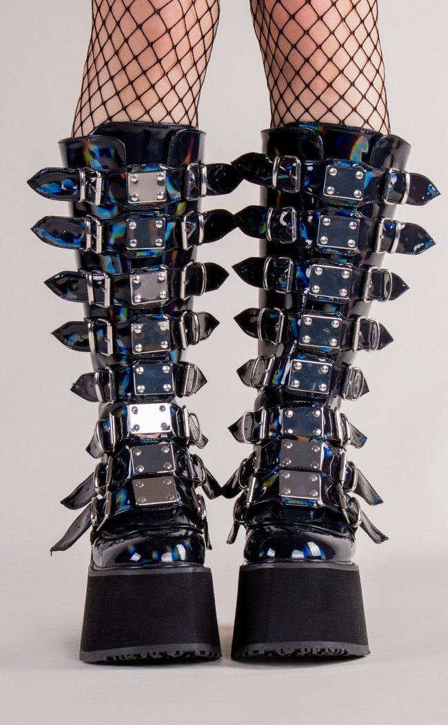 Demonia Damned 318 Black Holographic Boots Goth Alt Shoes Australia