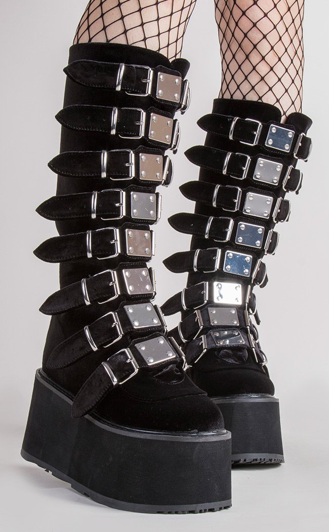 Demonia Platform Boots | Damned 318 Black Velvet Boots - Tragic Beautiful