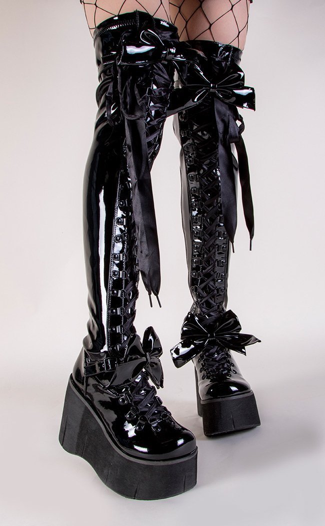 Demonia KERA-303 Black Patent Thigh High Boots | Goth Shoes Australia