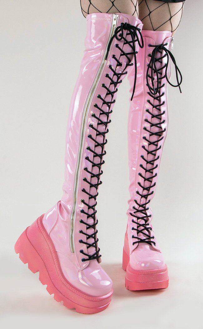 Demonia SHAKER-374-1 Pink Thigh High Boots | Pastel Shoes Australia