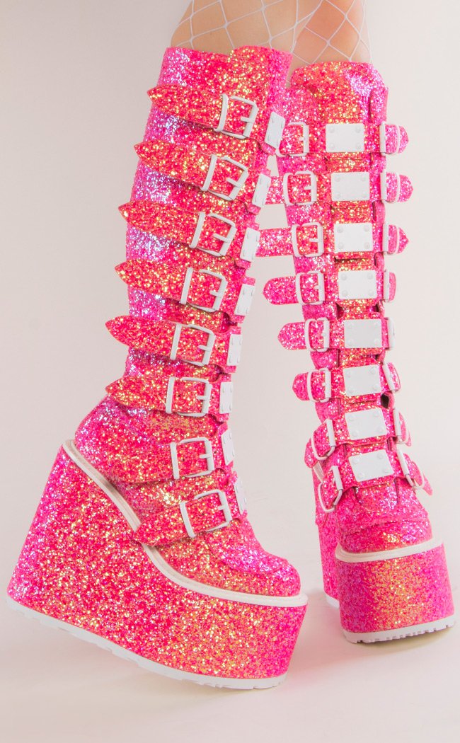Demonia SWING-815 Pink Glitter Trinity Boots | Festival Shoes Australia ...