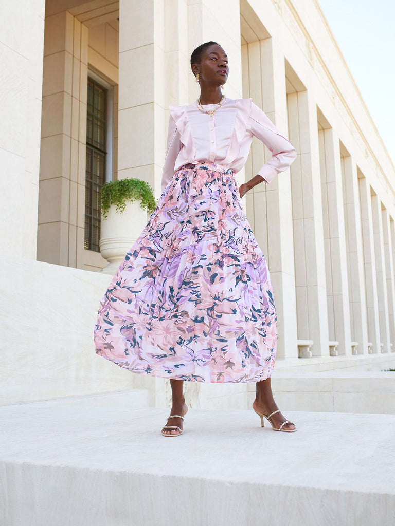 Pink Pleated Skirt - Floral Maxi Skirt | Misook