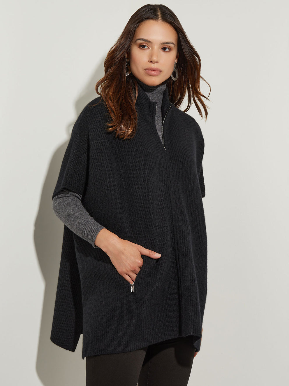 Cashmere Ribbed Knit Cape, Black