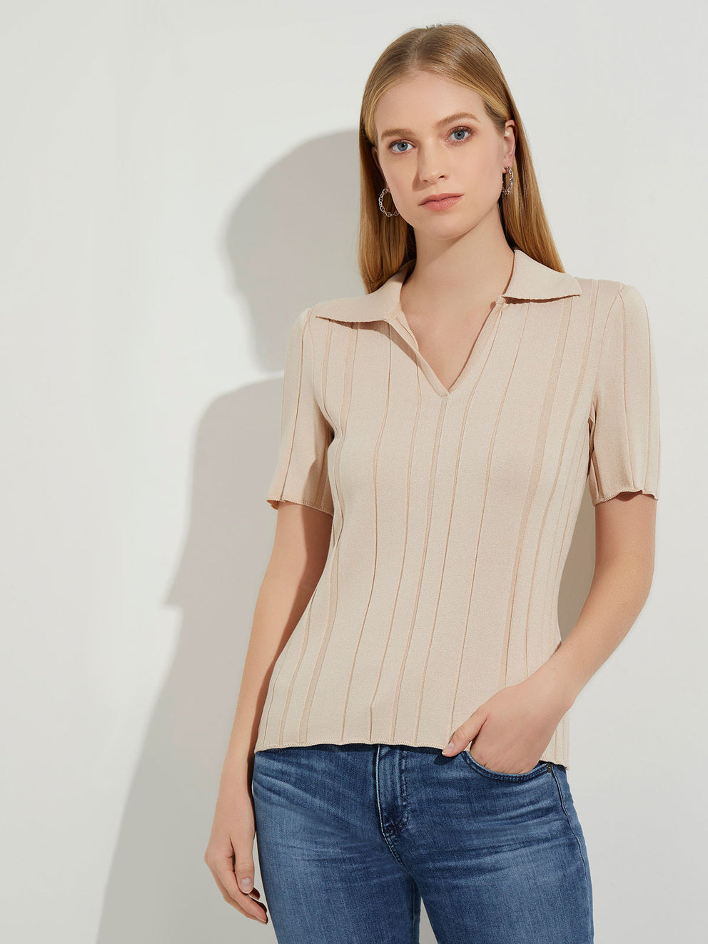 Collared Top - Beige Knit Top | Misook