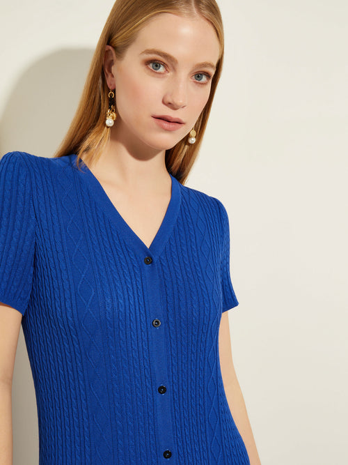 Button-Front Soft Cable Knit Midi Dress, Satin Sky | Misook Premium Details