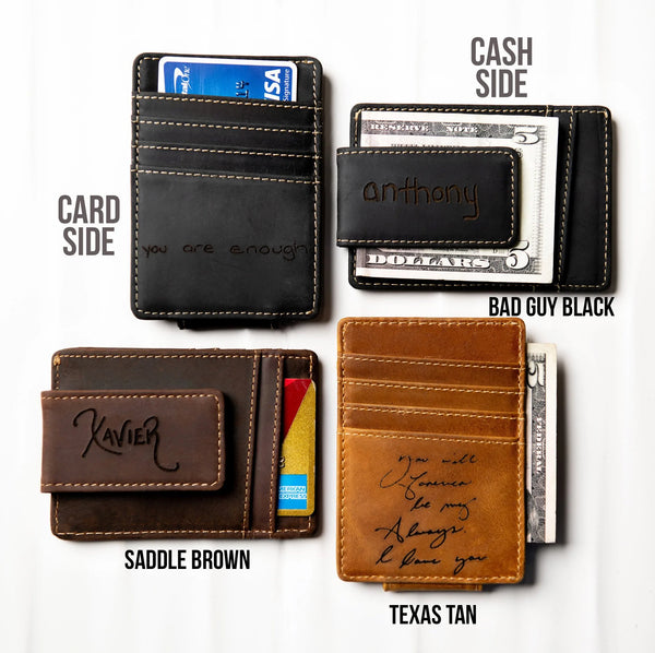 Men's Leather Slim Wallet + Money Clip Handwriting Inside + Front