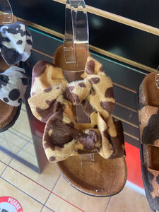 Cow print bow tie slippers