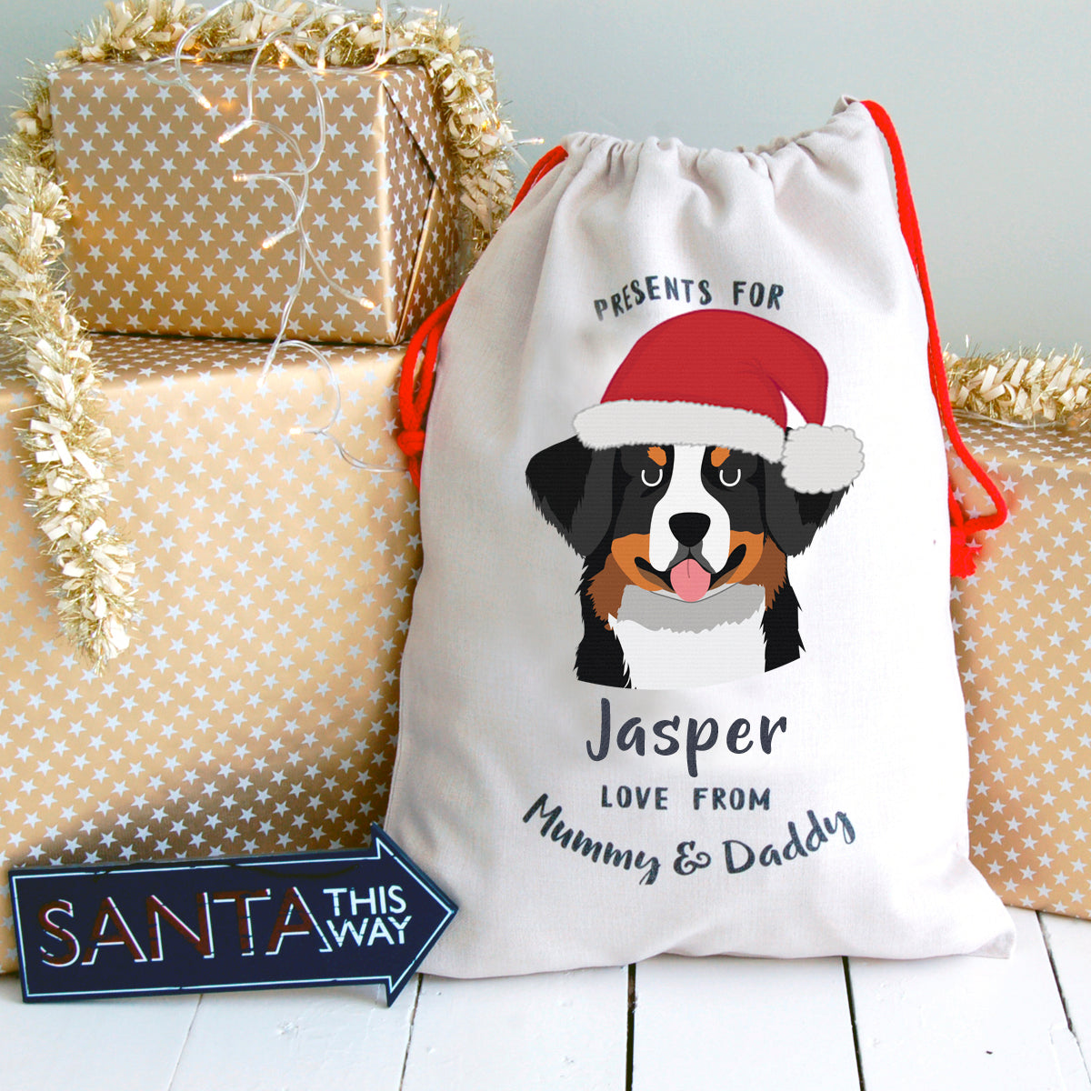 Bernese Mountain Dog Personalised Christmas Sack Dog Gift Santa