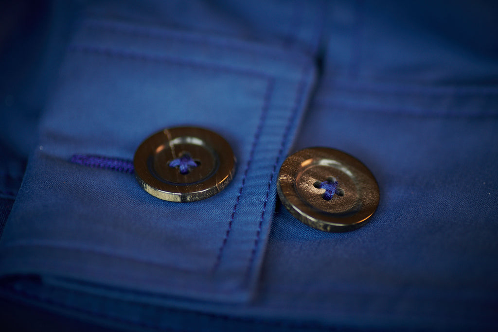 FRAHM LIGHTWEIGHT WORKER'S JACKET CUFF WITH TRIPLE-BOUND BRUSHED ITALIAN HORN BUTTONS & TWIN NEEDLE STITCHING