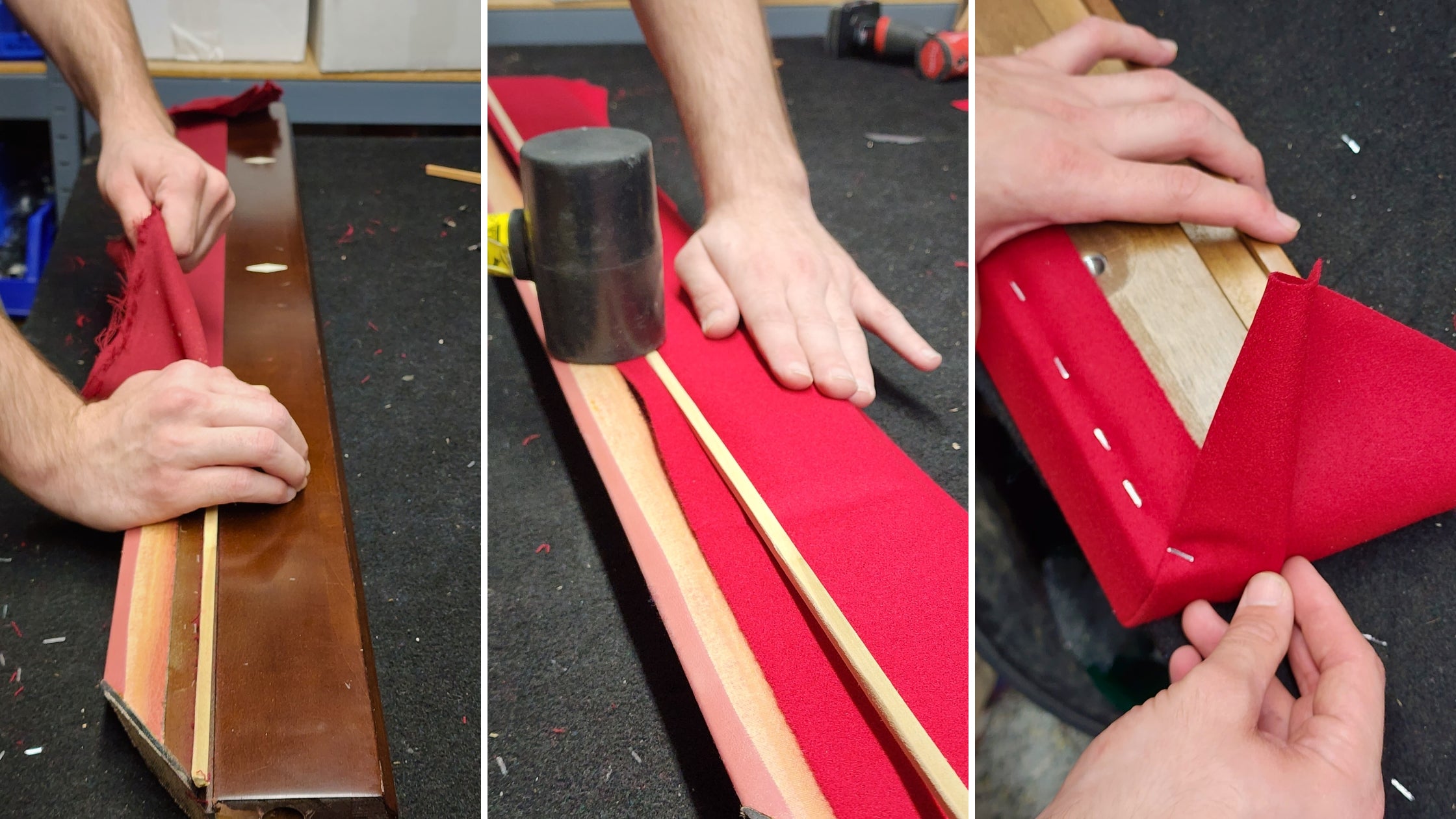 A set of three images showing how a pool table rail is re-felted using a rubber mallet and staple gun.