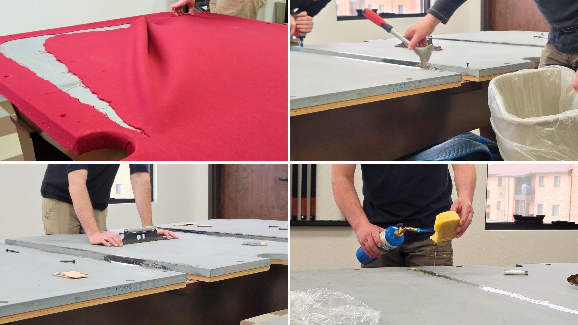 A series of four images in which CAVES technicians are removing old felt from a pool table, breaking the beeswax seal of the pool table slates, leveling the slates of the pool table, and reapplying a beeswax seal via melting it over the slates with a handheld torch