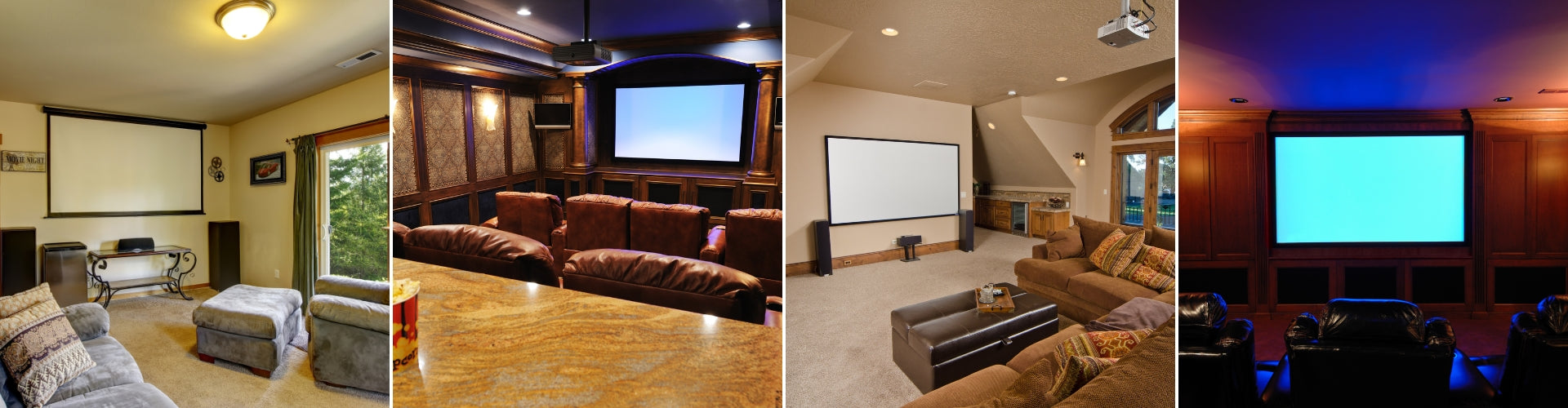 A collection of four home theater rooms. Two of the rooms are multipurpose living rooms of moderate size. The other two rooms are larger dedicated home theater rooms.