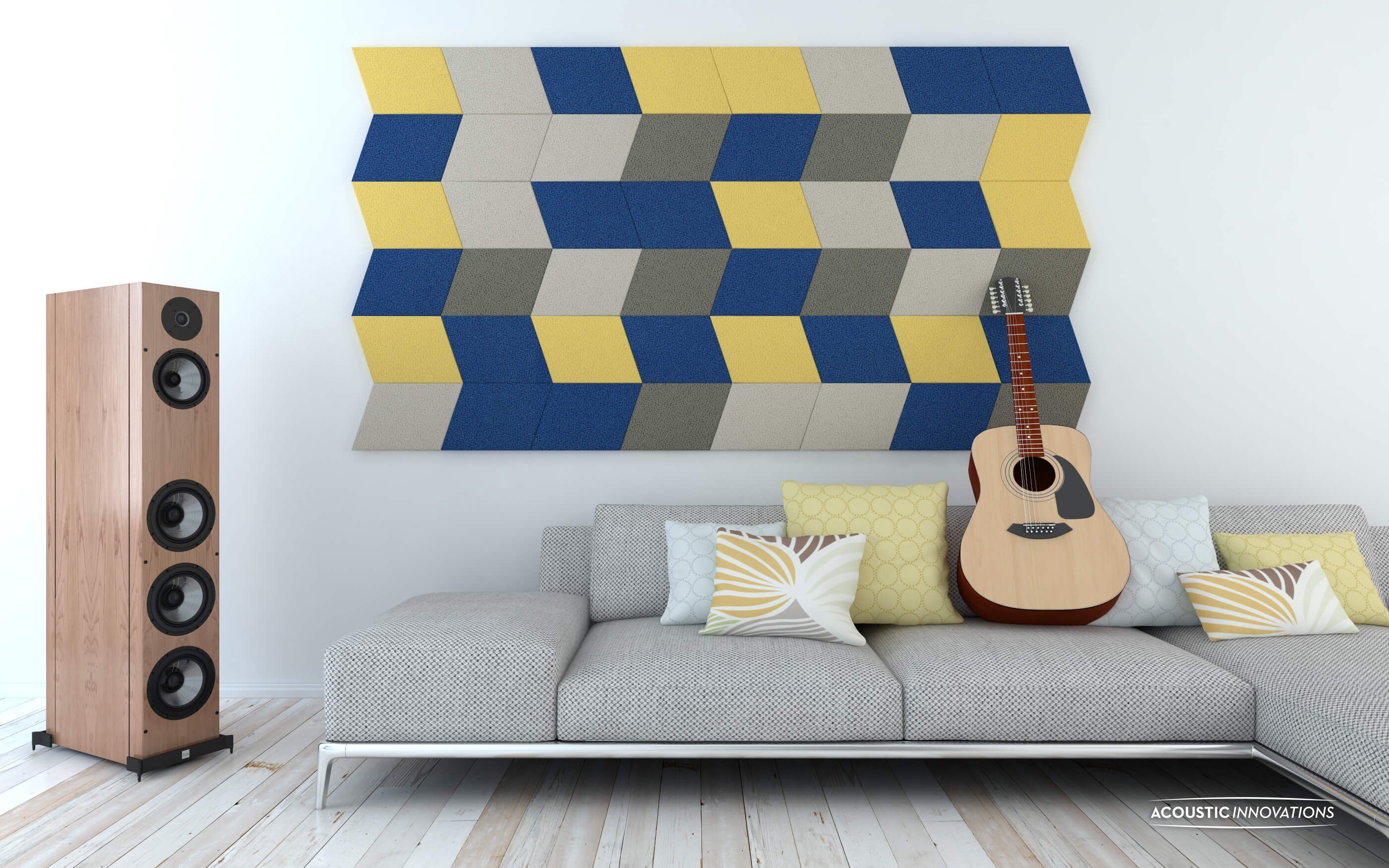 An image showing decorative and functional sound dampening panels from Acoustic Innovations. The panels are parallelograms in a pleasing color scheme, arranged together to form a visually pleasing large panel.