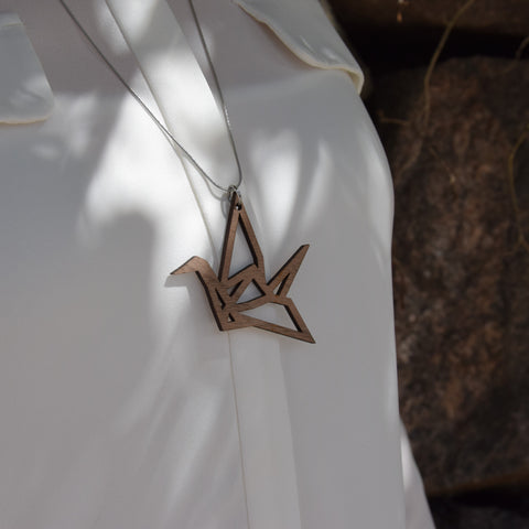 Origami Swan necklace - walnut