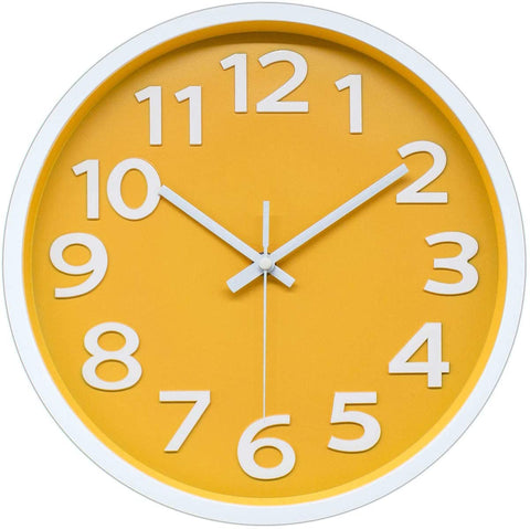 Bright yellow clock with white frame and large white numbers