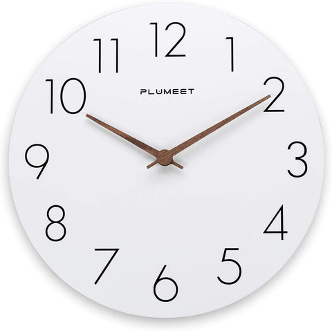 Simple white clock with no frame, black numbers and wood hands