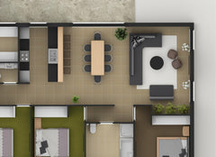 Close up of a rendered floor plan showing an open living room, dining room and kitchen.