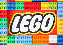 Lego logo with Lego bricks surrounding it.