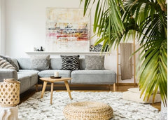 Living room with lots of natural materials used in the pillows, rugs and furniture.  There is also a large plant in the forefront of the photos