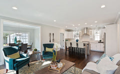 Open floor plan of a living room into a kitchen.  Living Room section has a floor rug.