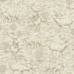 Cream wallpaper with deer toile drawn in brown.