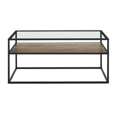 Metal frame, base of display area is wood, glass top coffee table