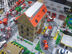 Looking down into a model of a town built with Legos