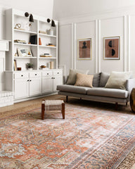 loloi terracotta sky rug in well appointed living room with white bookshelves and grey sofa.
