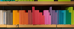 Rainbow colored books organized on a shelf by color