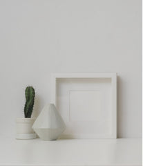 All white items against a white wall, white pot with a small cactus, small white vase and an empty white picture frame.