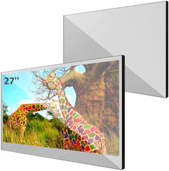 A TV mirror with the image of a giraffes on it.