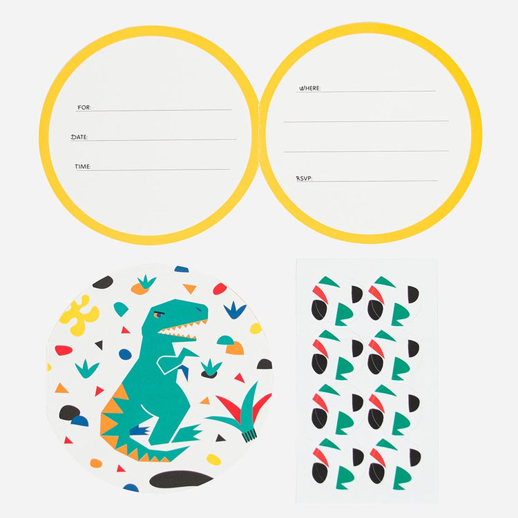 Carton d'invitation dino avec stickers : anniversaire thème dino