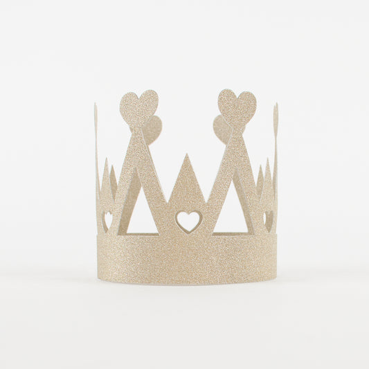 Costume da bambina corona in paillettes di carta dorata tema cuore: principessa