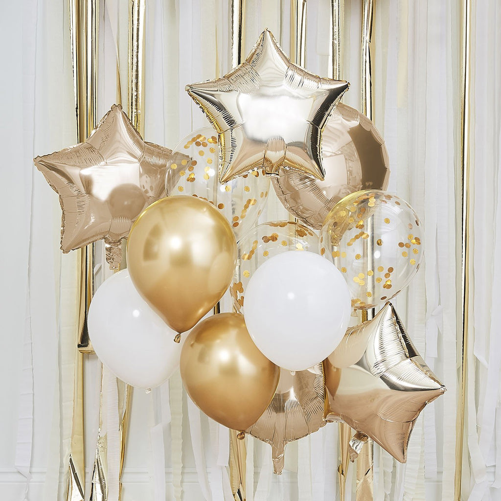 Grappe De 12 Ballons Dores Et Blancs Pou Deco De Mariage Ou D Anniversaire