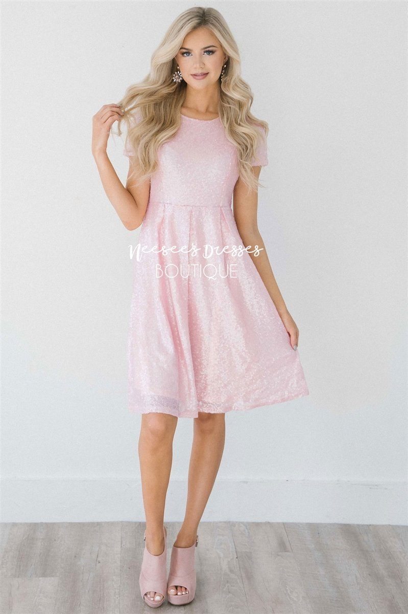 blush pink sequin bridesmaid dress