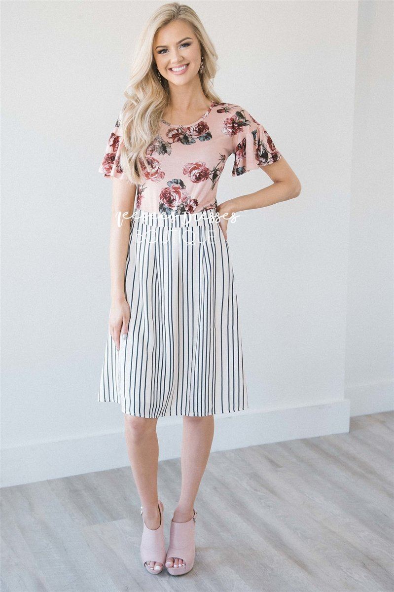 Cream & Charcoal Stripe Pleated Skirt