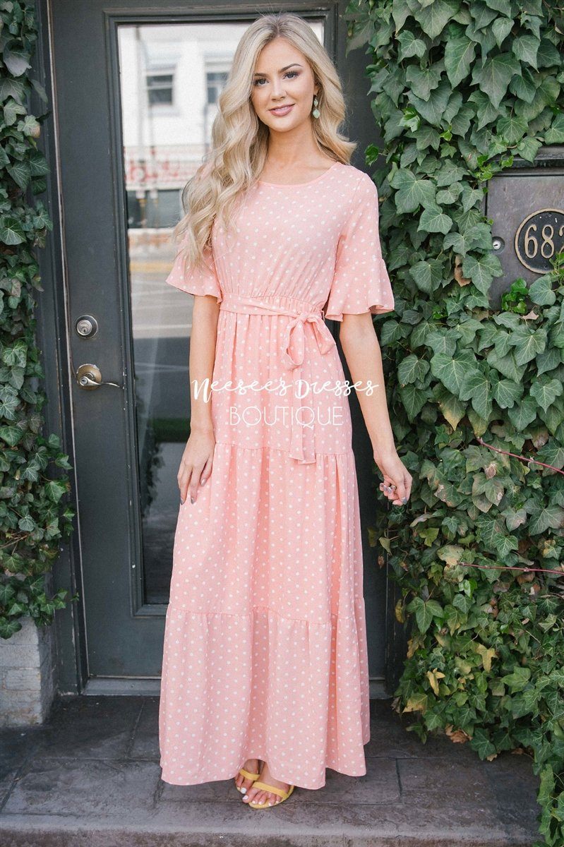 Pink Polka Dot Flutter Sleeve Tiered Maxi Dress | Best and Affordable ...
