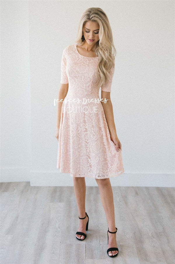 Blush All Over Lace Modest Dress | Modest Bridesmaids Dresses with ...