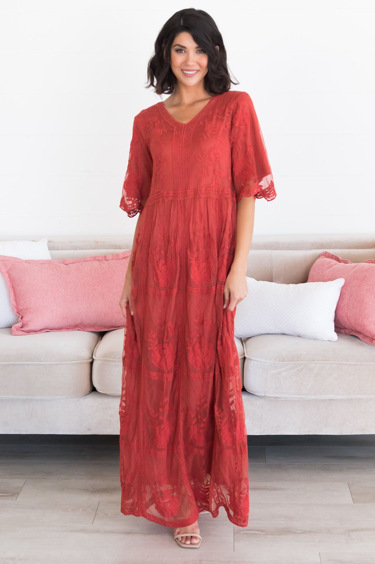 rust lace maxi dress