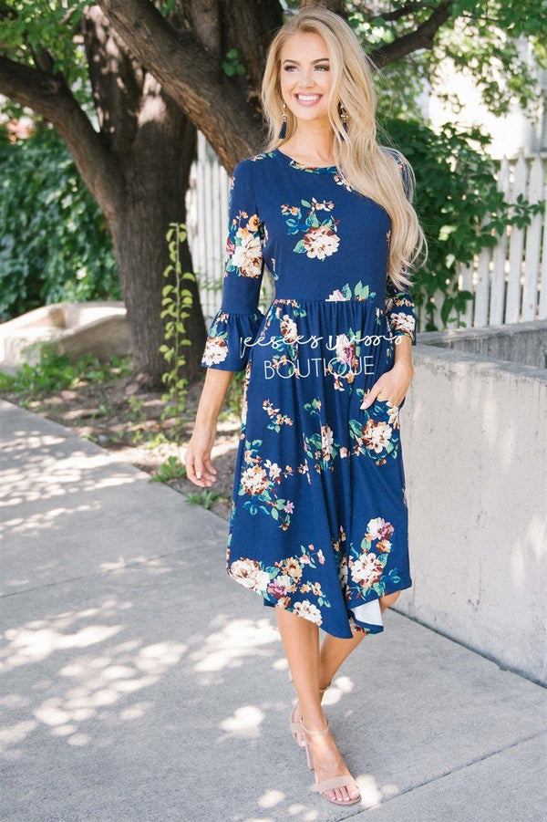 Navy Floral Bell Sleeve Modest Dress | Best Online Modest Boutique for ...