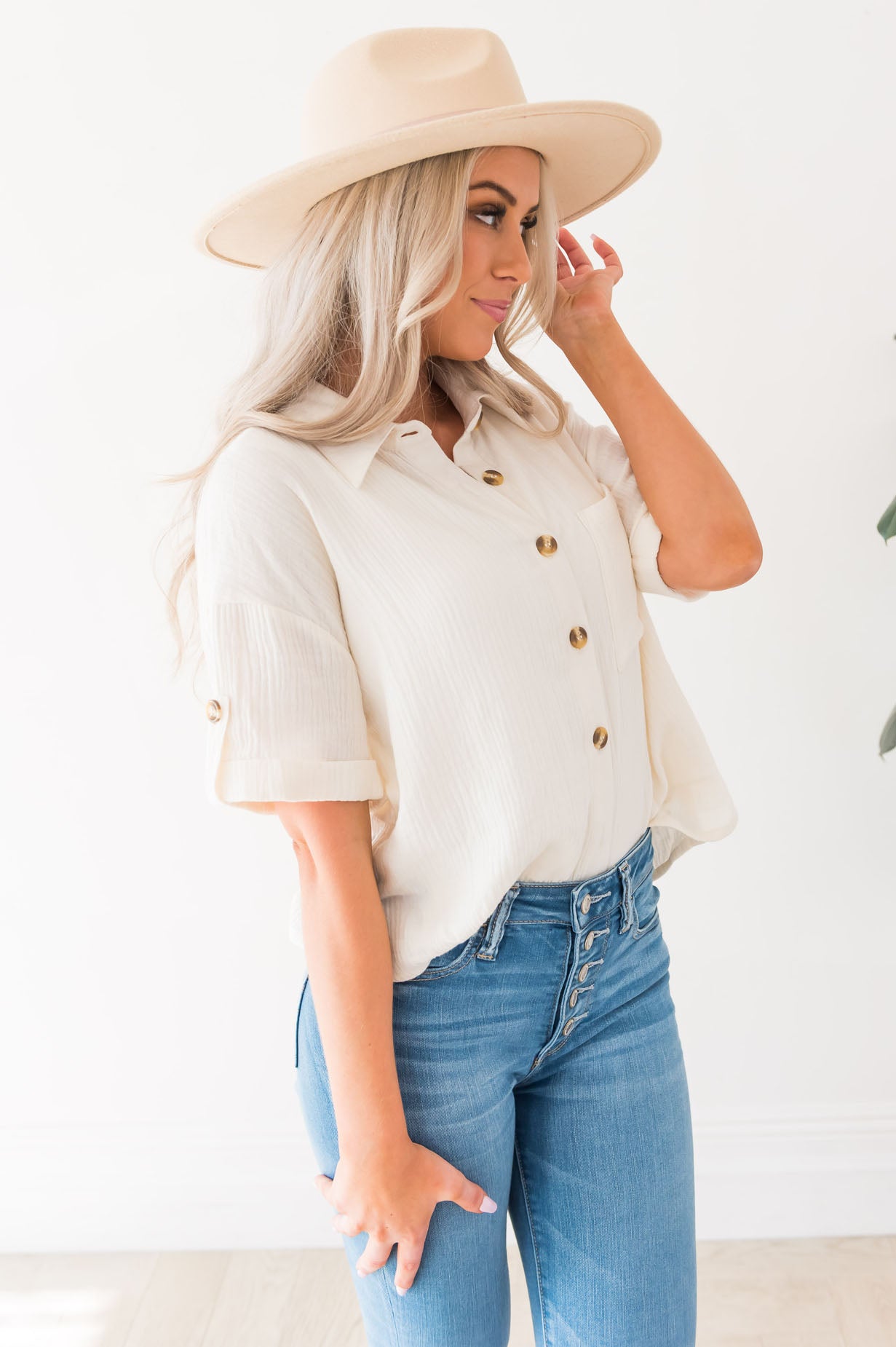 Always Happy Modest Button Blouse