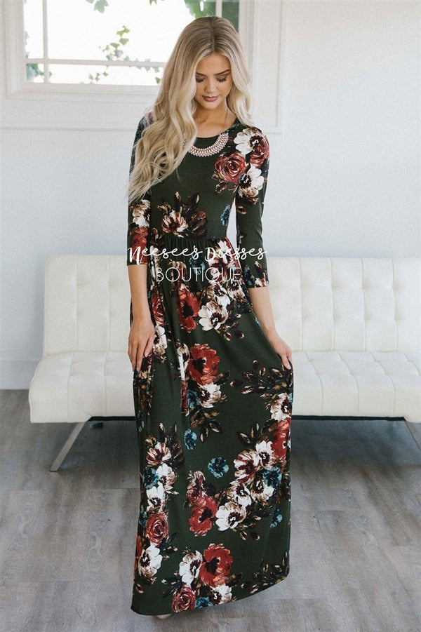 Olive Watercolor Floral Maxi Modest Dress | Best and Affordable Modest ...