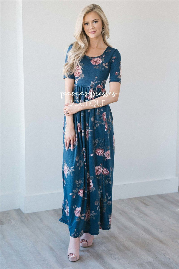 Faded Navy and Rose Floral Modest Maxi Dress | Beautiful Modest ...