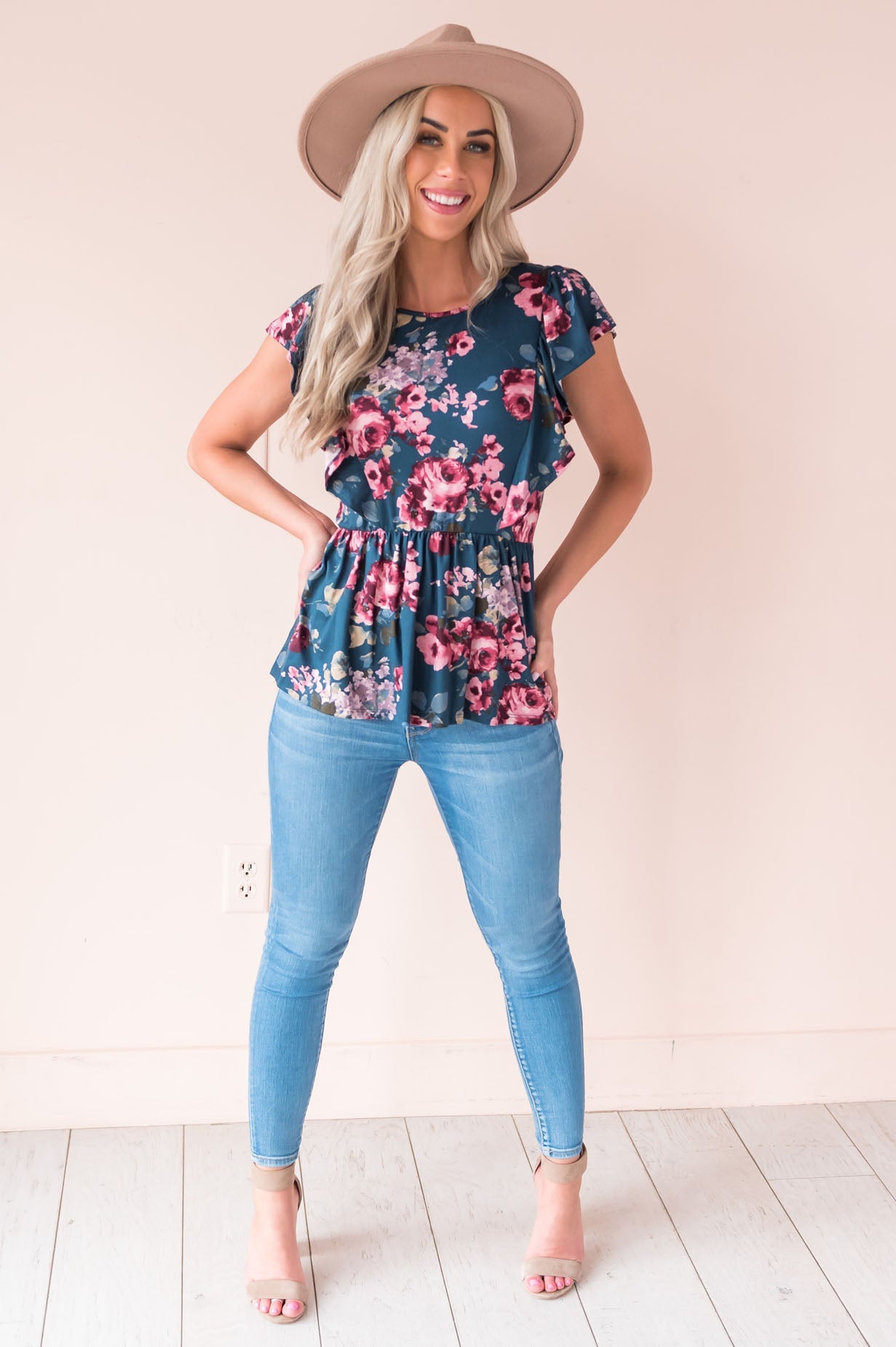 Carefree Modest Ruffle Peplum Blouse