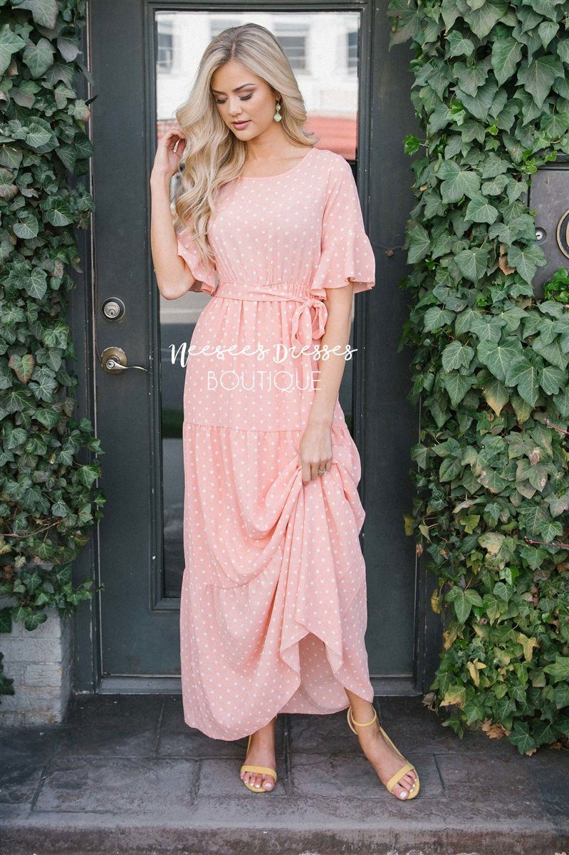 Pink Polka Dot Flutter Sleeve Tiered Maxi Dress | Best and Affordable ...