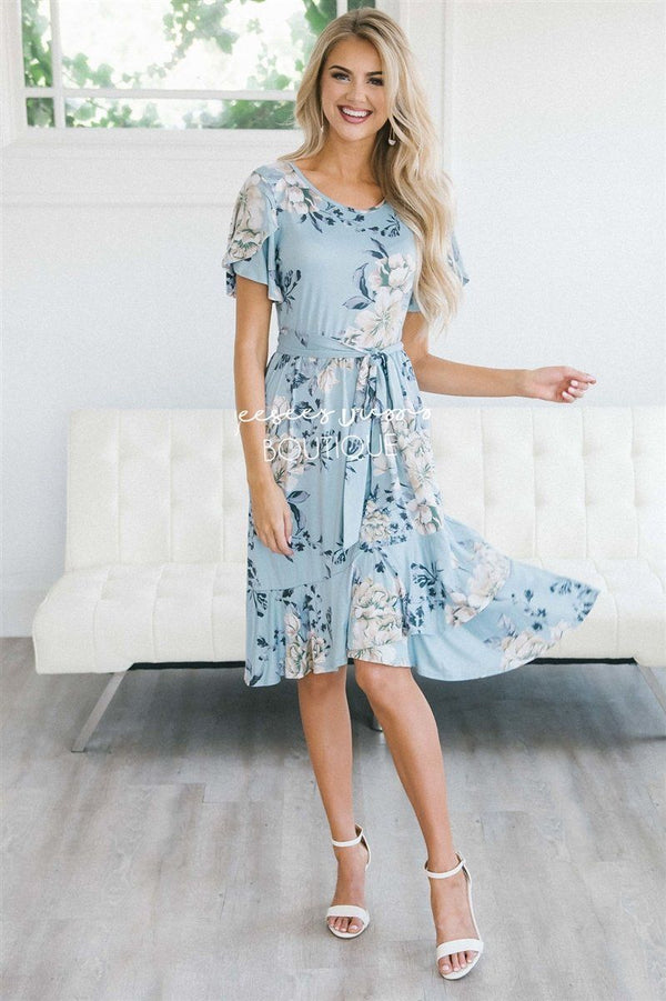 Pastel Blue Floral Tulip Sleeve Ruffle Dress | Best Place To Buy Modest ...